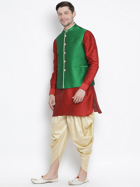 VASTRAMAY Men's Maroon Cotton Silk Blend Ethnic Jacket, Kurta and Dhoti Pant Set